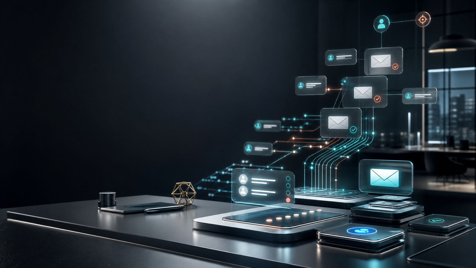 Abstract AI marketing dashboard with email cards and client prospect signals